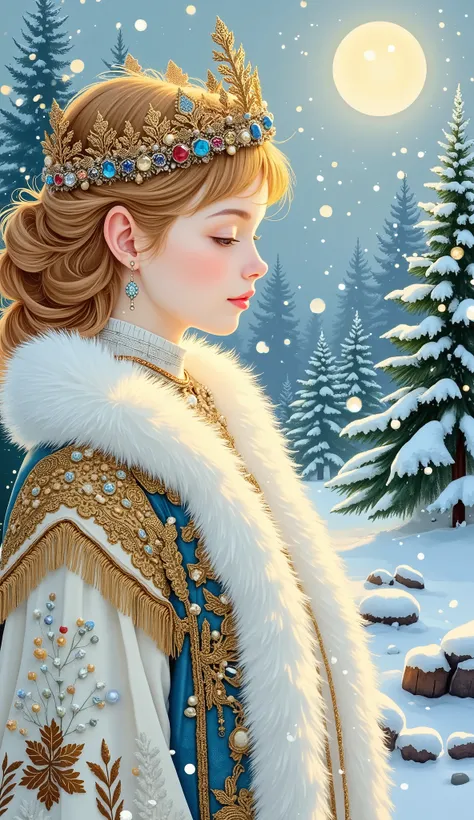 Snowflake Maiden, beautiful woman in richly decorated traditional Russian winter costume, golden kokoshnik crown with gemstones and pearls, ornate fur-lined sarafan with intricate embroidery, luxurious textures, soft white and icy blue tones with gold acce...