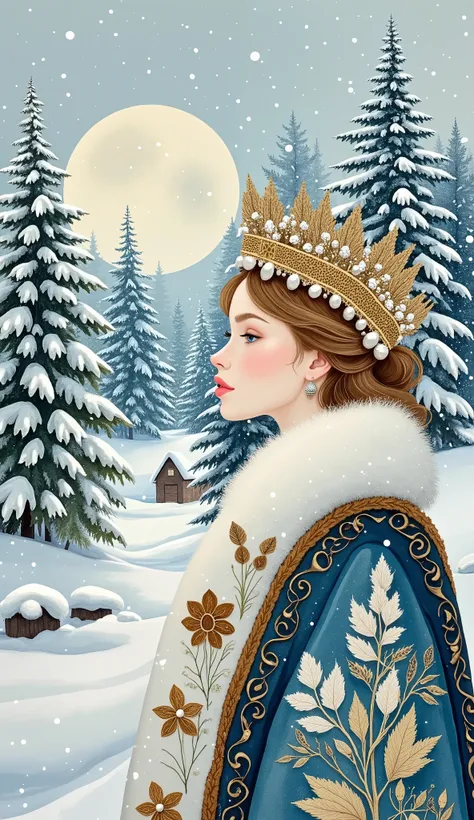 Snowflake Woman, beautiful woman in richly decorated traditional Russian winter attire, Russian kokoshnik crown with gems and pearls, ornate fur-lined winter coat with intricate embroidery, luxurious textures, soft white and icy blue shades with gold trim,...