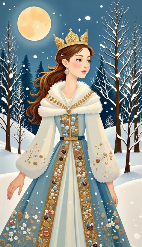 Snowflake Woman, beautiful woman in richly decorated traditional Russian winter attire, Russian kokoshnik crown with gems and pearls, ornate fur-lined winter coat with intricate embroidery, luxurious textures, soft white and icy blue shades with gold trim,...