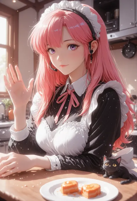  Masterpiece, detailed image, perfect human anatomy, perfect face, a beautiful woman, (nice curves), with long red hair with pink tips and bright purple eyes, (eyes rich in detail), (eyes detailed) flowing pink and orange ombre hair, wearing a black cat-ea...