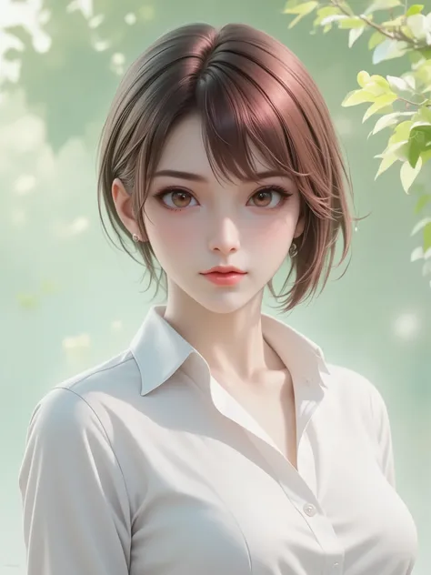 A person is depicted in the image with short, sleek dark red hair that falls gently over the ears. The individual wears a white collared shirt, which adds a formal or school-like appearance, open button cleavage. The background features a soft gradient of ...