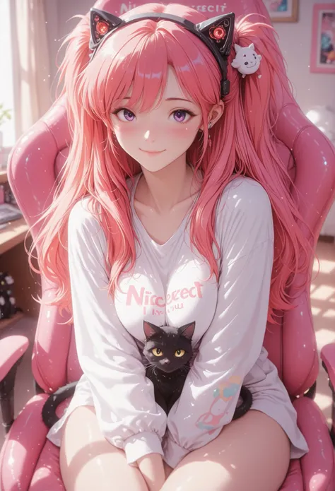 Masterpiece, detailed image, perfect human anatomy, perfect face, a beautiful woman, (nice curves), with long red hair with pink tips and bright purple eyes, (eyes rich in detail), (eyes detailed) flowing pink and orange ombre hair, wearing a black cat-ea...