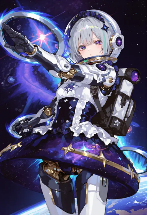 Maid Outfit。Cosmic Equipment。 Silver Hair。Galaxy pattern eye。Mechanical joints。machine body。planet skirt。space helmet。backpack。jet effect。Big Shoulder Armor。Energy Chakram。Dynamic Attack。action pose。cute。motion blur effect。Spin。headdress。planetarium