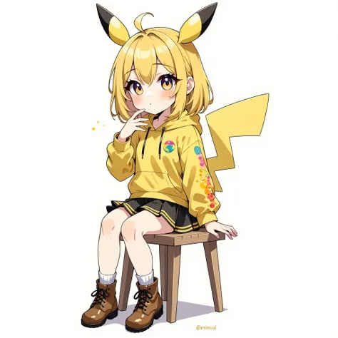 (chibi:1.4),chibi character,chibi style, toe, (cwhite background:1.4),full body,masterpiece, high quality, 4K, HDR,, A girl with frills, アニメ風、シンプルな背景、可愛い、ミニキャラ、ピカチュウの擬人化、黄色い無地のパーカー、4頭身、