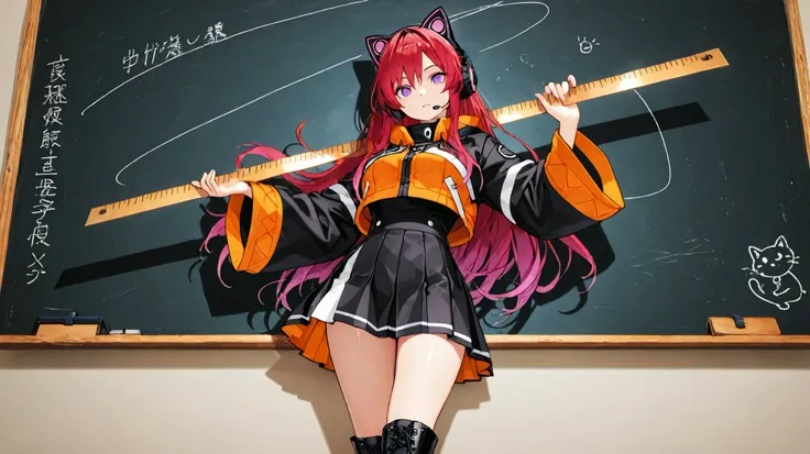 Masterpiece, detailed image, perfect human anatomy, perfect face, a beautiful woman in chibi style (nice curves), with long red hair with pink tips and bright purple eyes, (eyes rich in detail), (eyes detailed) flowing pink and orange ombre hair, she wears...