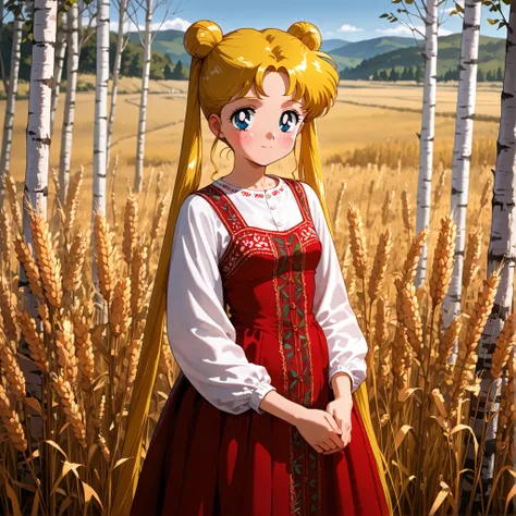 masterpiece, amazing quality, best quality, ultra-detailed, 8K, illustration, clear skin, ultra-detailed-eyes, soft skin, very awa, very as2, soft body, 1990s \(style\), official art, usagi tsukino, blonde hair, blue eyes, double bun, hair bun, long hair, ...