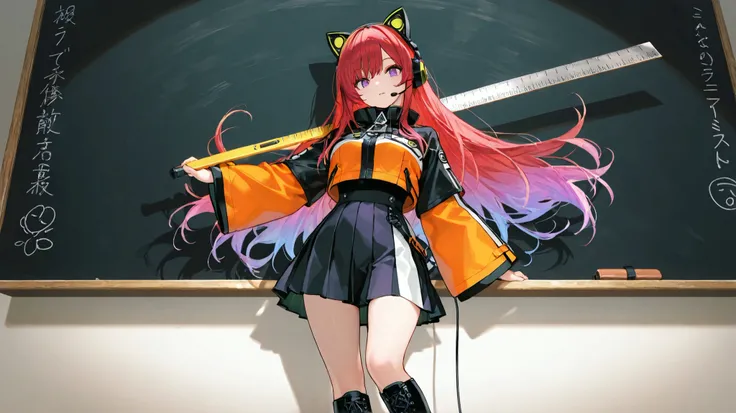  Masterpiece, detailed image, perfect human anatomy, perfect face, a beautiful woman (nice curves), with long red hair with pink tips and bright purple eyes, (eyes rich in detail), (eyes detailed) flowing pink and orange ombre hair, she wears cat-ear headp...