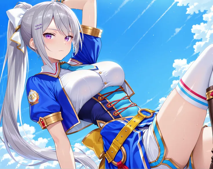 solo,masterpiece,best quality, amazing quality, highres, absurdres, very aesthetic, high resolution, ultra detailed, perfect details,nijikaede,purple eye,grey hair,long eyelashes,long hair,ponytail,white bow,hair pin, glorious azure,official alternate cost...