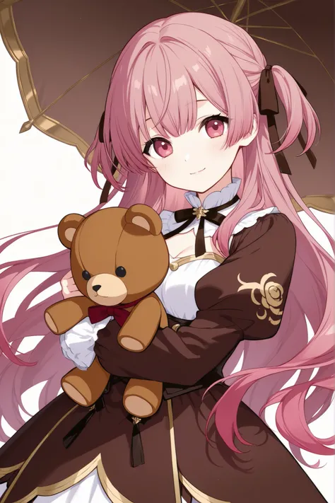  A girl with dark pink hair, brown and white outfit with white and gold details, holding a teddy bear, Cute and delicate art