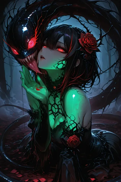 【High quality】【masterpiece】【extremely detailed】【best quality】【with precise and delicate drawing】【dynamic lighting】【Super Detail】【Super beautiful】【high resolution】【 beautifully drawn 】【all fours】獲物を狙う　銀の薔薇　毒々しい　溶ける drkms【arched back】 dark fantasy art "A hau...