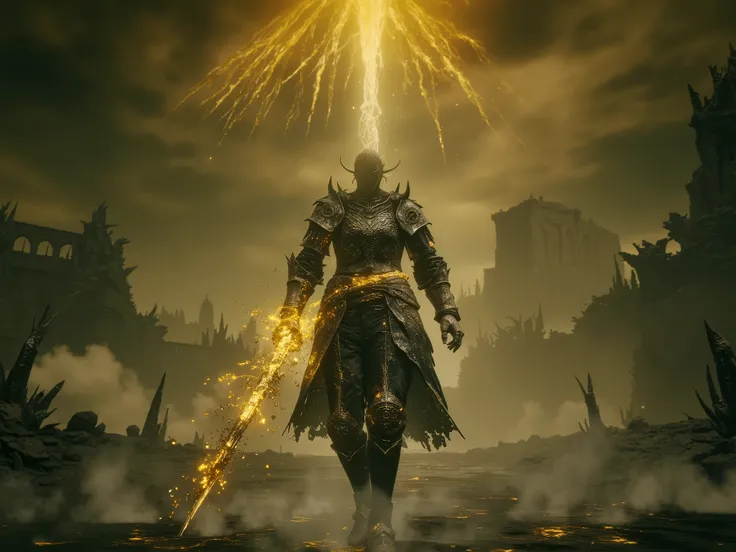 A lone warrior in dark, ornate medieval armor, standing in a vast, desolate landscape inspired by Elden Ring, surrounded by twisted ruins, ancient statues, and crumbling gothic architecture. The atmosphere is thick with golden dust and dark mist, magical e...