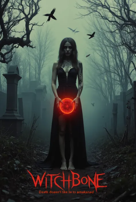 High-fantasy horror movie poster in Novuschroma art style, saturated colors, cinematic lighting. A seductive and sinister female sorcerer stands barefoot in a foggy cemetery, surrounded by crooked tombstones and crumbling statues. Her long flowing cloak fl...