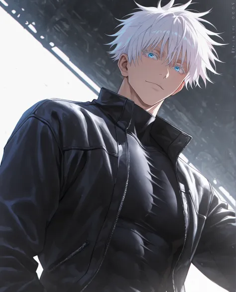(masterpiece:1.2), (best quality:1.2), (very aesthetic:1.2), ,(newest),(highly detailed),(dynamic lighting),(cinematic lighting),1man, adult, male focus, gojou satoru, jujutsu kaisen, white hair, short hair, ((hair between eyes)), colored eyelashes, white ...