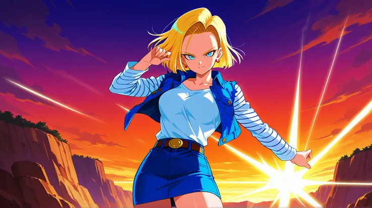 score_9, score_8_up, score_8, medium breasts, (curvy), cute, eyelashes,    zzAndroid18, blue eyes, blonde hair, short hair, jacket, denim, denim jacket, jewelry, earrings, long sleeves, shirt, skirt, belt, stripes,  smile, looking at viewer,   serious expr...