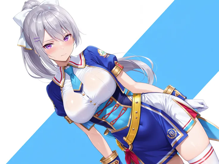 solo,masterpiece,best quality, amazing quality, highres, absurdres, very aesthetic, high resolution, ultra detailed, perfect details,nijikaede,purple eye,grey hair,long eyelashes,long hair,ponytail,white bow,hair pin, glorious azure,official alternate cost...
