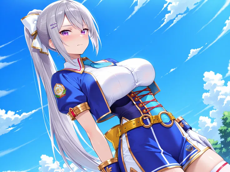 solo,masterpiece,best quality, amazing quality, highres, absurdres, very aesthetic, high resolution, ultra detailed, perfect details,nijikaede,purple eye,grey hair,long eyelashes,long hair,ponytail,white bow,hair pin, glorious azure,official alternate cost...