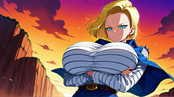 score_9, score_8_up, score_8, ((huge breasts:1.5)), (curvy), cute, eyelashes, zzAndroid18, blue eyes, blonde hair, short hair, jacket, denim, denim jacket, jewelry, earrings, long sleeves, shirt, skirt, belt, stripes,  smile, looking at viewer,   serious e...