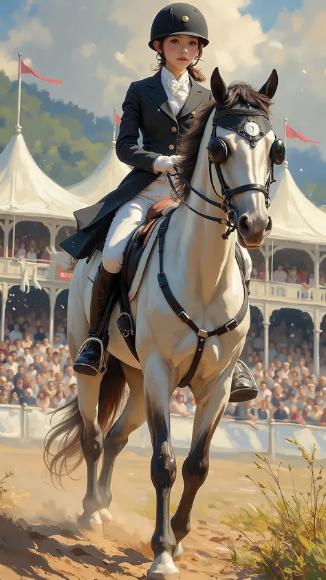 (8k,  top quality,  Masterpiece)，{ is present,  RAW Photo ,  super fine clear ,  portrait, ( It is influenced by Impressionist painting:1.6)},  Equestrian Games , hourse riding, Female Japanese Jockey,  black tailcoat , no helmet,  white culottes ,  leathe...
