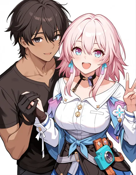 (masterpiece), (best quality), (ultra-detailed), MarchPreserv, pink hair, multicolored eyes, blue eyes, purple eyes, PV_shirt, PV_skirt, clothes around waist, hair between eyes, PV_choker, PV_jacket, M7_camera, PV_shoes, PV_thigh_strap, PV_gloves, single g...