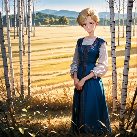 masterpiece, amazing quality, best quality, ultra-detailed, 8K, illustration, clear skin, ultra-detailed-eyes, soft skin, very awa, very as2, soft body, 1990s \(style\), official art, haruka tenou, blonde hair, blue eyes, parted bangs, short hair, very sho...