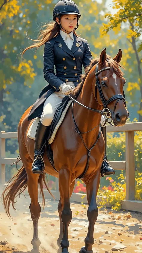(8k,  top quality,  Masterpiece)，{ is present,  RAW Photo ,  super fine clear ,  portrait, ( It is influenced by Impressionist painting:1.6)},  Equestrian Games , hourse riding, Female Japanese Jockey,  black tailcoat , no helmet,  white culottes ,  leathe...