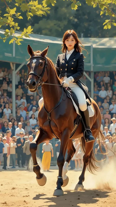 (8k,  top quality,  Masterpiece)，{ is present,  RAW Photo ,  super fine clear ,  portrait, ( It is influenced by Impressionist painting:1.6)},  Equestrian Games , hourse riding, Female Japanese Jockey,  black tailcoat , no helmet,  white culottes ,  leathe...