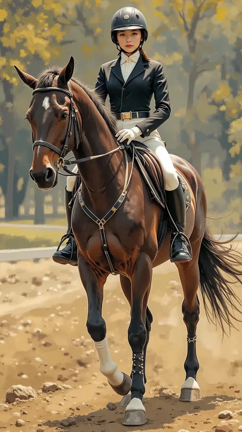 (8k,  top quality,  Masterpiece)，{ is present,  RAW Photo ,  super fine clear ,  portrait, ( It is influenced by Impressionist painting:1.6)},  Equestrian Games , hourse riding, Female Japanese Jockey,  black tailcoat , no helmet,  white culottes ,  leathe...