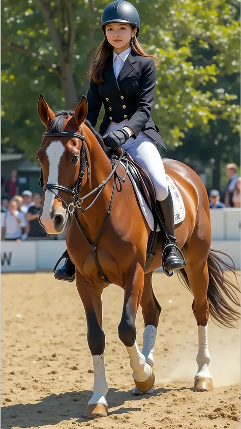 (8k,  top quality,  Masterpiece)，{ is present,  RAW Photo ,  super fine clear ,  portrait, ( It is influenced by Impressionist painting:1.6)},  Equestrian show jumping Games , hourse riding, Female Japanese Jockey,  black tailcoat , no helmet,  white culot...