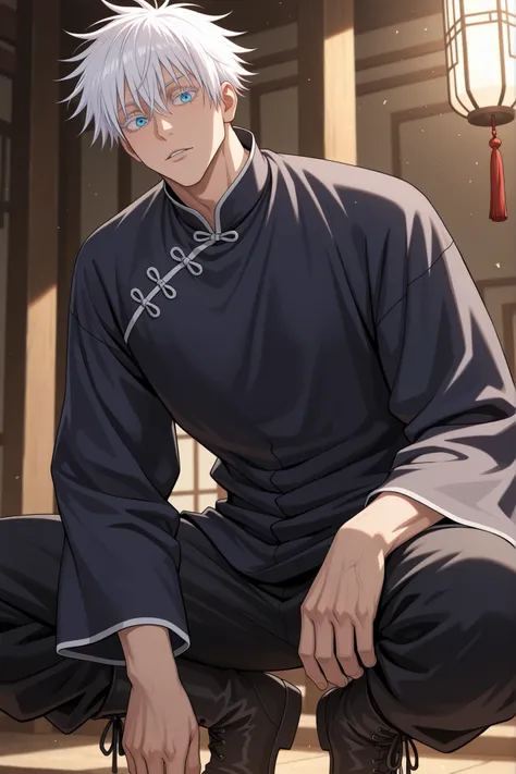 (masterpiece:1.2), (best quality:1.2), (very aesthetic:1.2), ,(newest),(highly detailed),(dynamic lighting),(cinematic lighting),1man, adult, male focus, gojou satoru, jujutsu kaisen, white hair, short hair, ((hair between eyes)), colored eyelashes, white ...