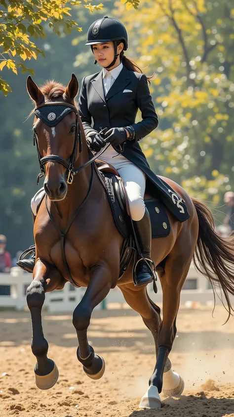 (8k,  top quality,  Masterpiece)，{ is present,  RAW Photo ,  super fine clear ,  portrait, ( It is influenced by Impressionist painting:1.6)},  Equestrian show jumping Games , hourse riding, Female Japanese Jockey,  black tailcoat , no helmet,  white culot...