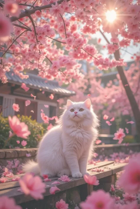 masterpiece, best quality, ultra detailed, white fluffy cute cat, sitting on a wooden bench, surrounded by cherry blossom trees in full bloom, pink petals floating in the air, traditional Japanese garden, warm spring sunlight, peaceful and dreamy atmospher...
