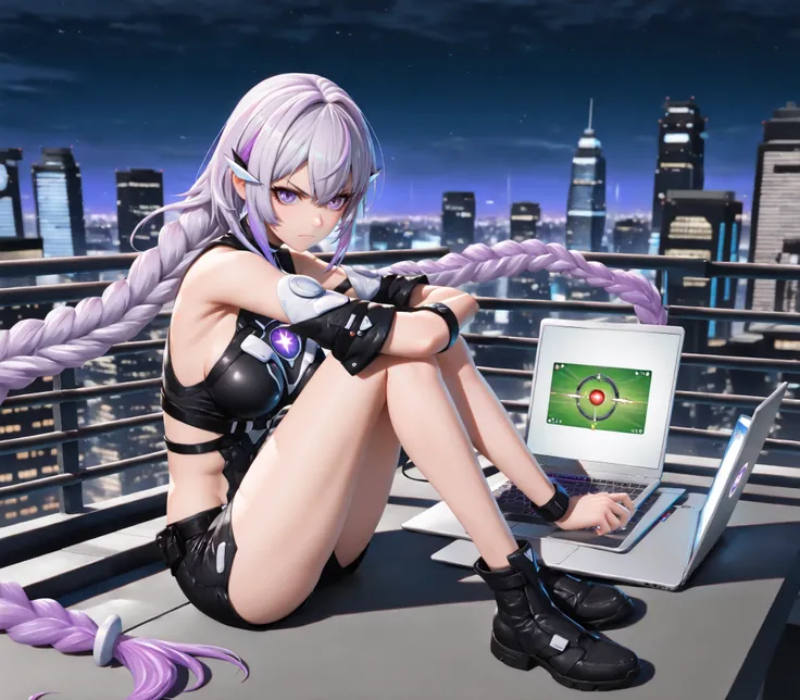 (masterpiece, super quality, realistic, 8K, Ultra-fine detail, cinematic composition:1.2), skyscraper rooftop, Night view of a skyscraper spreading out in the distance, (((young female gamers sitting on a roof railing in place of chairs:1.3))), (((sitting ...