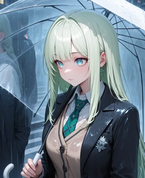 Masterpiece,BEST QUALITY,Amazing Quality,super detailed,Very beautiful,Newest,1 girl,Light green hair color,Long, unmanicured hair,M-shaped bangs,upper body,blue-green eyes,detailed eyes,a black blazer,light brown vest, white shirt underneath ,Silk tie kno...
