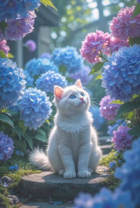 masterpiece, best quality, ultra detailed, white fluffy cute cat with blue eyes, looking slightly upward to the side at blooming hydrangeas, curious expression, sitting on a mossy stone path, surrounded by vibrant hydrangeas in blue, purple, and pink, earl...
