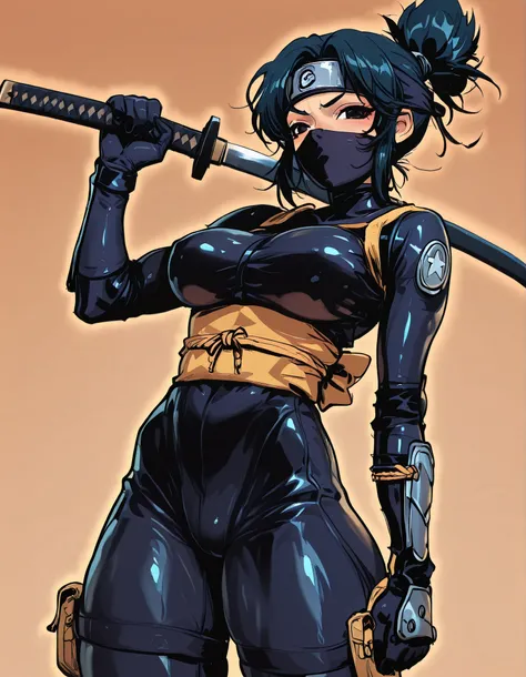A Ninja Woman, with a very sexy cupero, tight and sexy ninja clothing, in a scene brandishing a katana