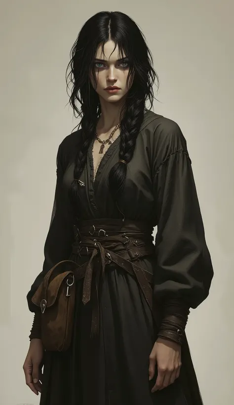 Middle Ages, 19th century, (full length, full-length, 4k, ultradetail , Beautiful image, Illustration, 3D, 2.5D, full lighting) 1 woman, ( black hair, direct, big long braid , long face, thin lips, serious gum, dark blue eyes, Bullish view , Beauty, eleg...