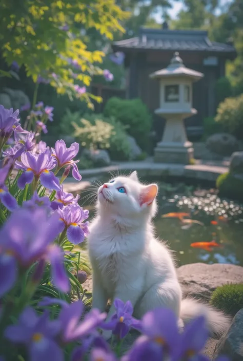 masterpiece, best quality, ultra detailed, white fluffy cute cat with gentle blue eyes, sitting near blooming irises, looking upward and sniffing the vibrant purple and violet flowers, curious and peaceful expression, traditional Japanese garden in early s...