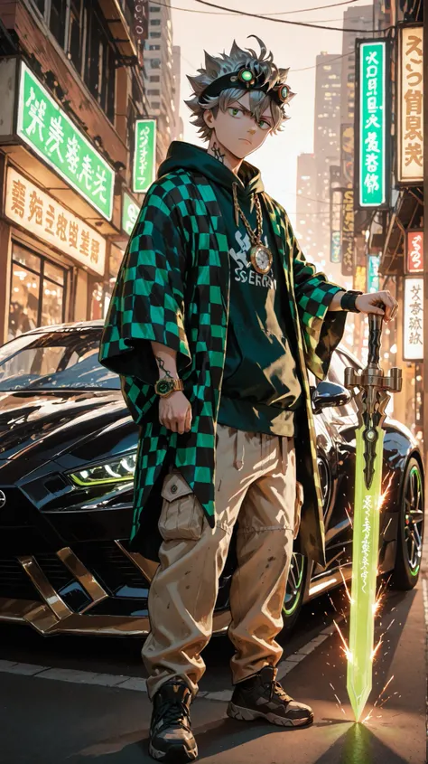 Full body shot of a cool, stylish anime character resembling Asta from Black Clover, in a modern, casual, and somewhat oversized outfit. He's wearing a green and black checkered hanten/haori over a dark green hoodie and dark, loose-fitting cargo pants. He ...