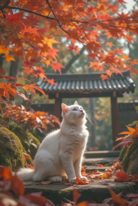 masterpiece, best quality, ultra detailed, white fluffy cute cat with soft fur, sitting quietly on a mossy stone path, looking upward at vibrant red and orange autumn maple leaves, traditional Japanese garden in fall, maple trees in full color, gentle sunl...
