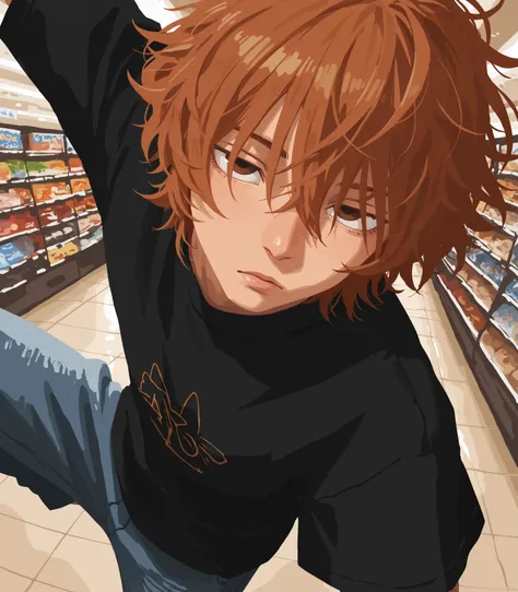 masterpiece, best quality, best detail, best resolution, (dynamic posing: 1.5), (face focus: 1.0), (solo: 1.5), looking at viewer, lips, (no lineart: 1.5), (man, handsome, boy, masculine, male: 1.2), brown eyes, medium ginger hair, layered hair, wolf cut, ...
