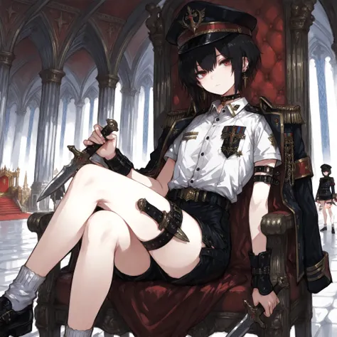 ((Best Quality)), ((masterpieces)), (detailed), Perfect Face, SOLO, ((femboy)), tomgirl, ANIME, beautiful detailed eyes, BOB hair, BOBed hair, black hair, RED EYES, BARE thighs, (((BARE LEG))), ((BLACK short pants)), (((dress shirt))), ((Flat chest)), Chok...