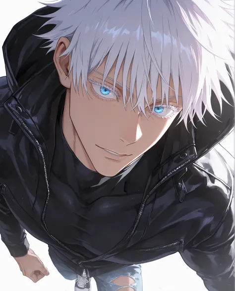 (masterpiece:1.2), (best quality:1.2), (very aesthetic:1.2), ,(newest),(highly detailed),(dynamic lighting),(cinematic lighting),1man, adult, male focus, gojou satoru, jujutsu kaisen, white hair, short hair, ((hair between eyes)), colored eyelashes, white ...