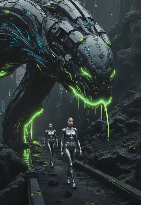 A towering mechanical AI python, its sleek, segmented metallic body glowing with blue and green energy lines, slithering beside a stunning female android. The massive robotic snake coils slightly as it moves, its glowing eyes scanning the path ahead. The f...