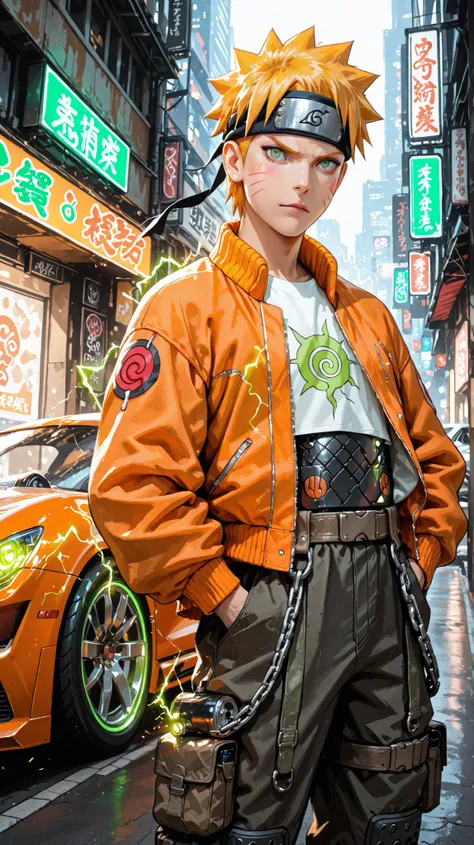 A shot of a funny character resembling male Naruto Uzumaki from the anime "Naruto", in a modern style, dressed in casual and slightly edgy street clothes. He wears an orange bomber jacket with intricate patterns and stickers, a dark mesh or chain armor-lik...