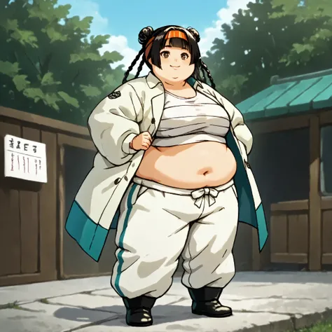 masterpiece, best quality, score_9, score_8_up, score_7_up, score_6_up, outdoors, 1girl, mei, long hair, hime cut, twin braids, double bun, bangs, parted bangs, twin tails, black hair, brown eyes, female focus, solo, white jacket, white pants, headband, sh...