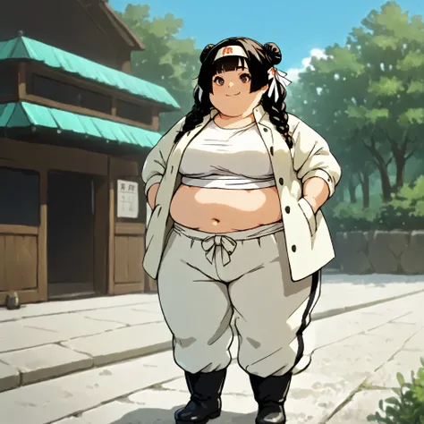 masterpiece, best quality, score_9, score_8_up, score_7_up, score_6_up, outdoors, 1girl, mei, long hair, hime cut, twin braids, double bun, bangs, parted bangs, twin tails, black hair, brown eyes, female focus, solo, white jacket, white pants, headband, sh...