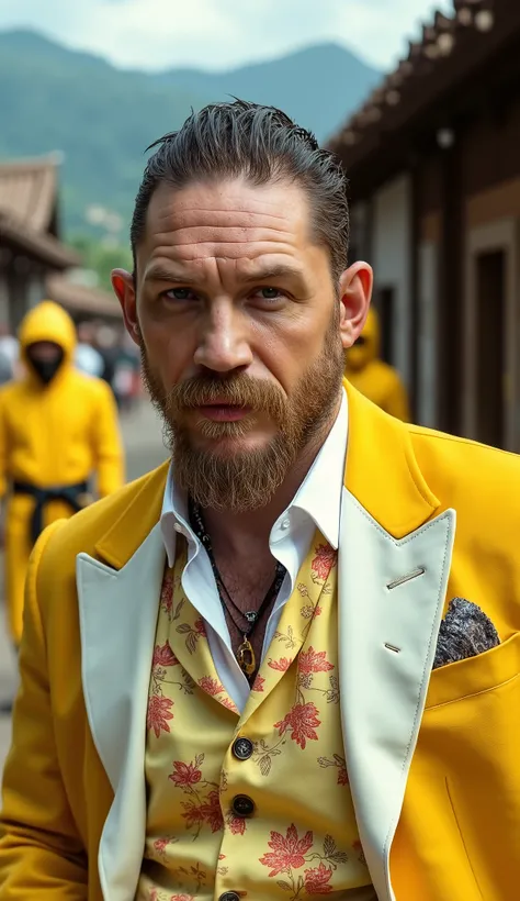 Crie Tom Hardy hiperrealista e smoking jacket amarelo e branco, upper body: In a hyperrealistic village with ninjas in yellow in the background in a cinematic 8k octane render
