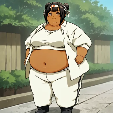 masterpiece, best quality, score_9, score_8_up, score_7_up, score_6_up, outdoors, 1girl, mei, long hair, hime cut, twin braids, double bun, bangs, parted bangs, twin tails, black hair, brown eyes, dark skin, female focus, solo, white jacket, white pants, h...