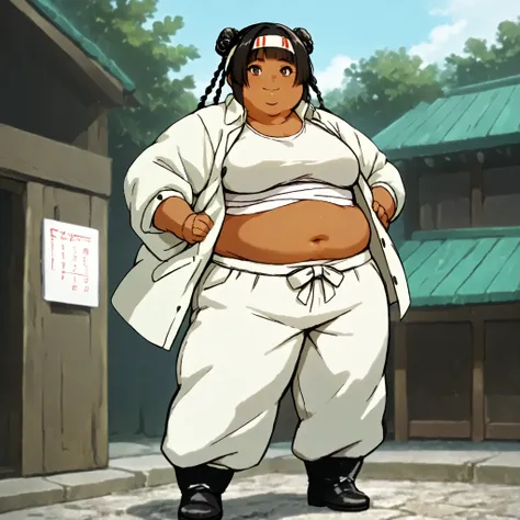 masterpiece, best quality, score_9, score_8_up, score_7_up, score_6_up, outdoors, 1girl, mei, long hair, hime cut, twin braids, double bun, bangs, parted bangs, twin tails, black hair, brown eyes, dark skin, female focus, solo, white jacket, white pants, h...