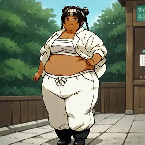 masterpiece, best quality, score_9, score_8_up, score_7_up, score_6_up, outdoors, 1girl, mei, long hair, hime cut, twin braids, double bun, bangs, parted bangs, twin tails, black hair, brown eyes, dark skin, female focus, solo, white jacket, white pants, h...